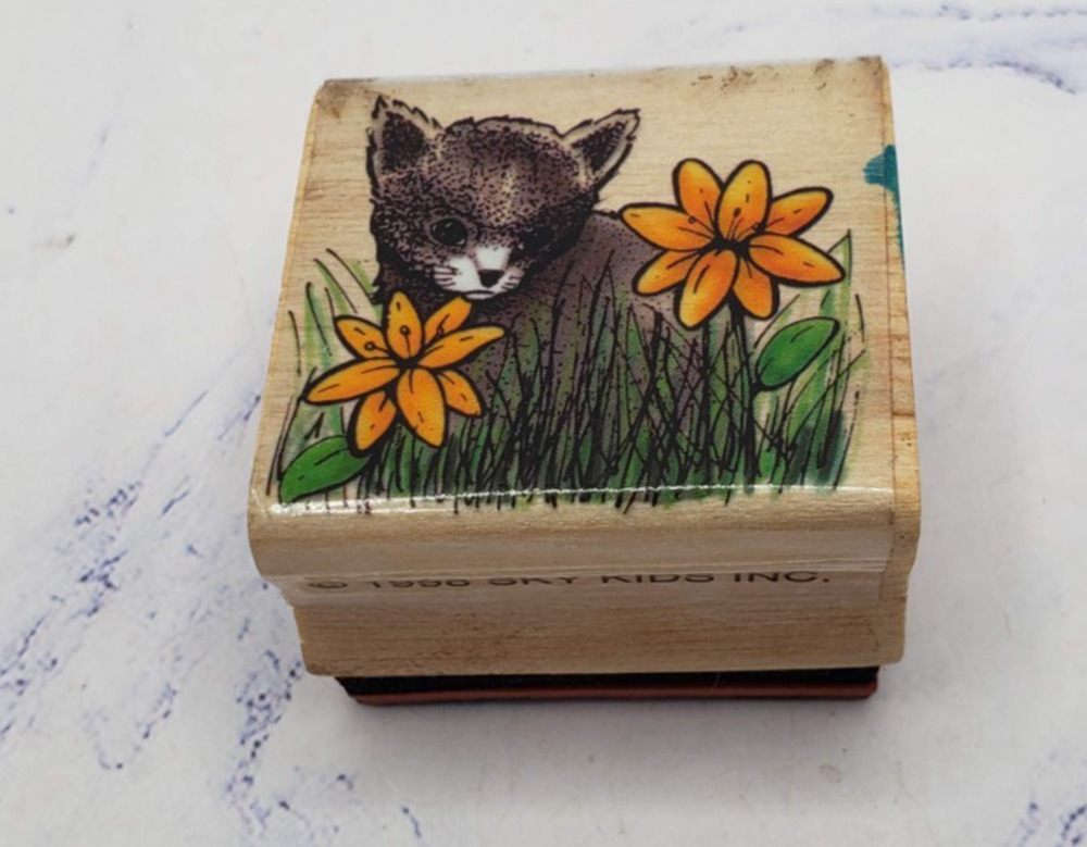 Kitten In The Grass With Flowers Sky Kids Wood Mounted Rubber Stamp